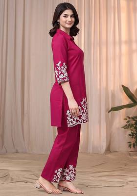 Rani pink color embroidered cotton slub cord set 3
