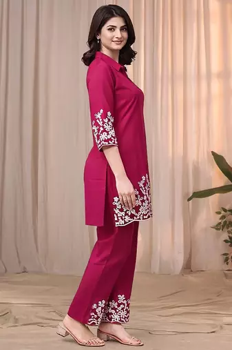 Rani pink color embroidered cotton slub cord set