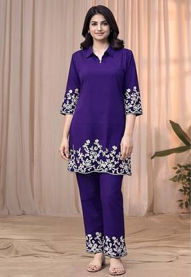 Purple blue color embroidered cotton slub cord set 1