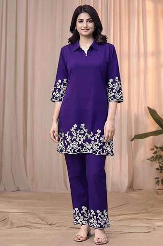 Purple blue color embroidered cotton slub cord set