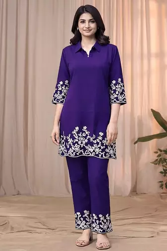 Purple blue color embroidered cotton slub cord set