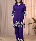 Purple blue color embroidered cotton slub cord set