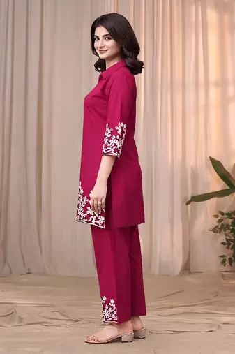 Rani pink color embroidered cotton slub cord set