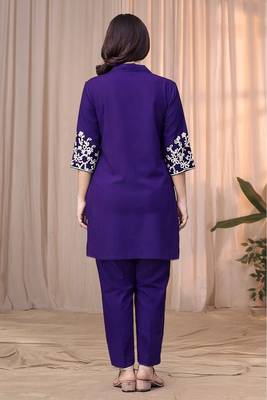 Purple blue color embroidered cotton slub cord set 2