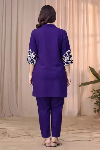 Purple blue color embroidered cotton slub cord set