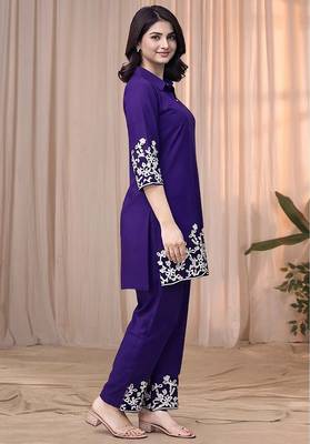 Purple blue color embroidered cotton slub cord set 3