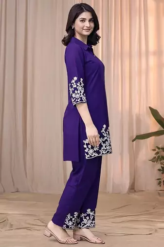 Purple blue color embroidered cotton slub cord set