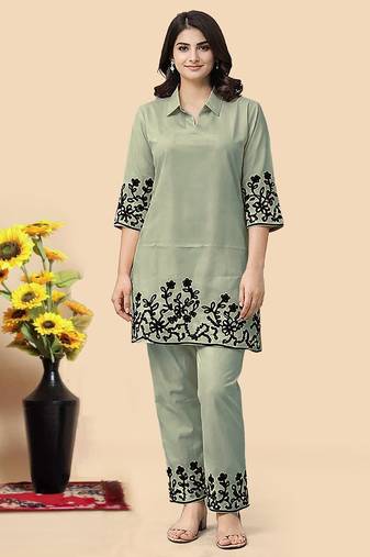 Pista green color embroidered cotton slub cord set