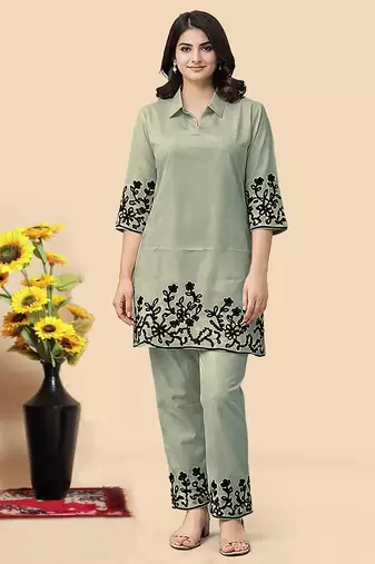 Pista green color embroidered cotton slub cord set