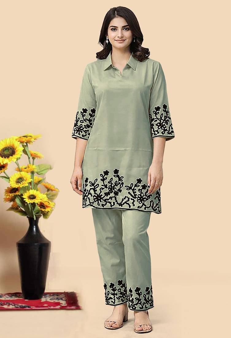 Pista green color embroidered cotton slub cord set