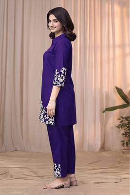 Purple blue color embroidered cotton slub cord set 4