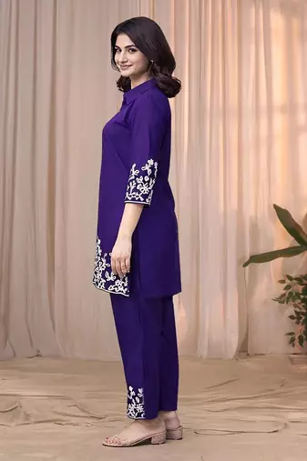 Purple blue color embroidered cotton slub cord set