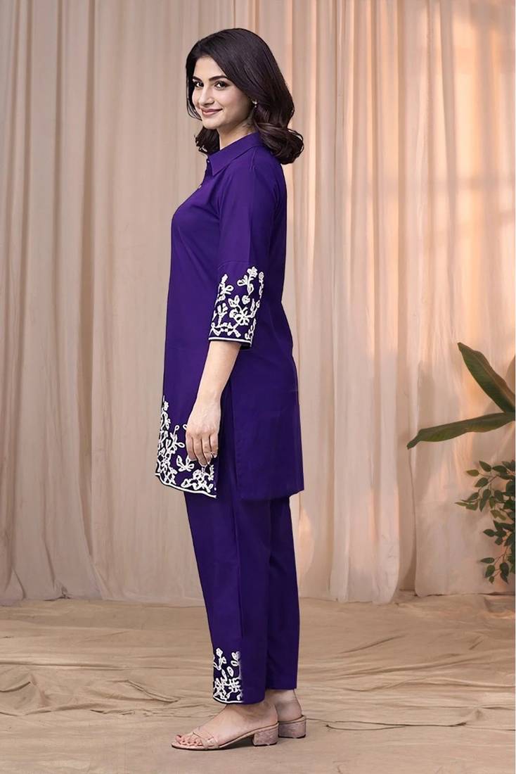 Purple blue color embroidered cotton slub cord set