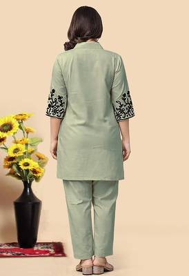 Pista green color embroidered cotton slub cord set 2