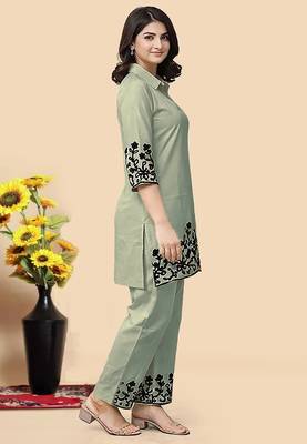 Pista green color embroidered cotton slub cord set 3