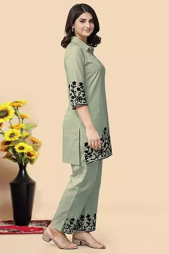 Pista green color embroidered cotton slub cord set
