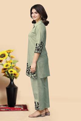 Pista green color embroidered cotton slub cord set 4
