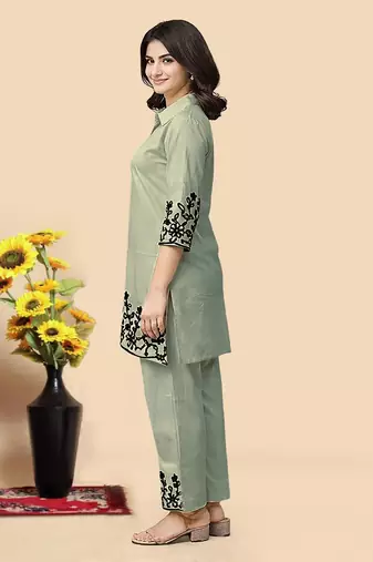 Pista green color embroidered cotton slub cord set