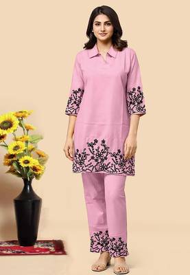 Light pink color embroidered cotton slub cord set 1