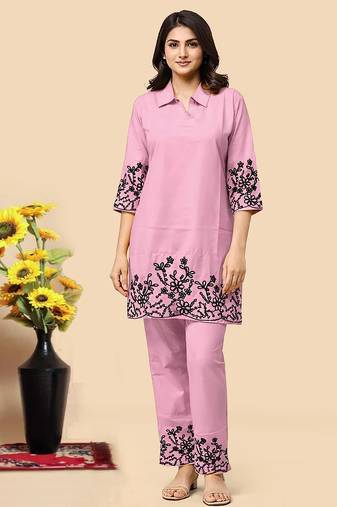 Light pink color embroidered cotton slub cord set