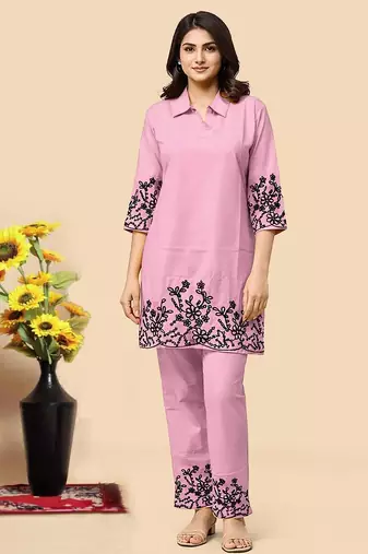 Light pink color embroidered cotton slub cord set