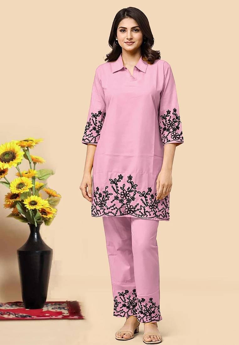 Light pink color embroidered cotton slub cord set