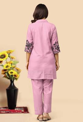 Light pink color embroidered cotton slub cord set 2