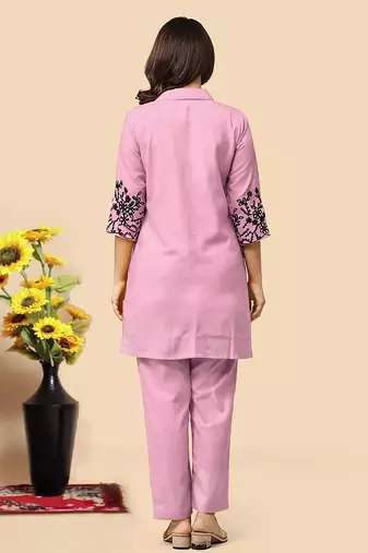 Light pink color embroidered cotton slub cord set