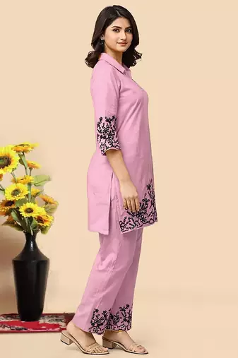 Light pink color embroidered cotton slub cord set