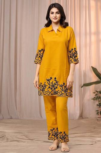 Mustard yellow color embroidered cotton slub cord set