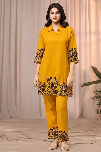 Mustard yellow color embroidered cotton slub cord set