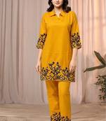 Mustard yellow color embroidered cotton slub cord set