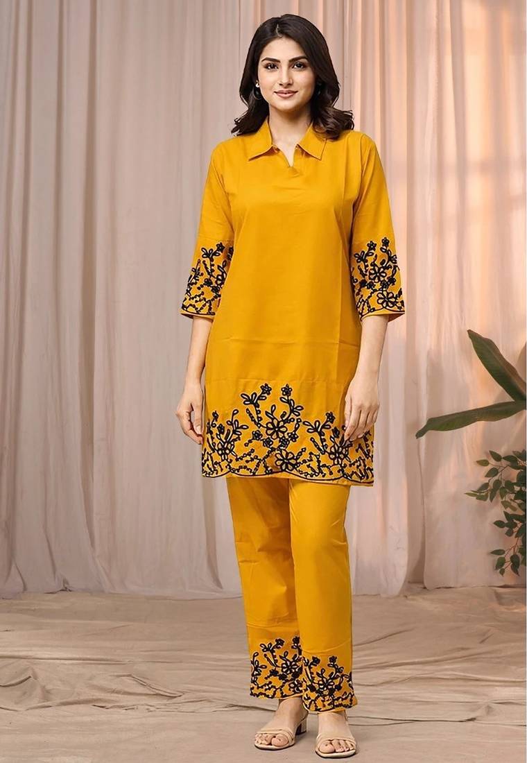 Mustard yellow color embroidered cotton slub cord set