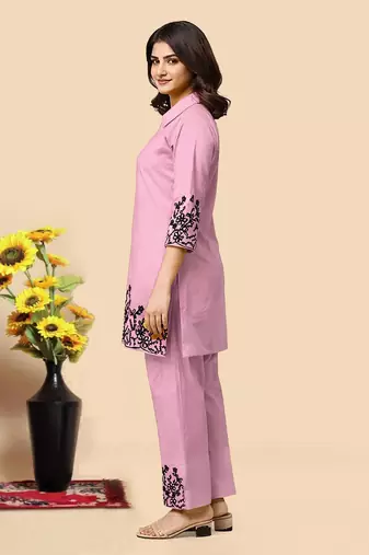 Light pink color embroidered cotton slub cord set