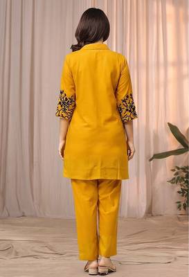 Mustard yellow color embroidered cotton slub cord set 2