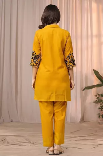 Mustard yellow color embroidered cotton slub cord set