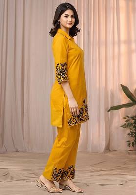Mustard yellow color embroidered cotton slub cord set 3