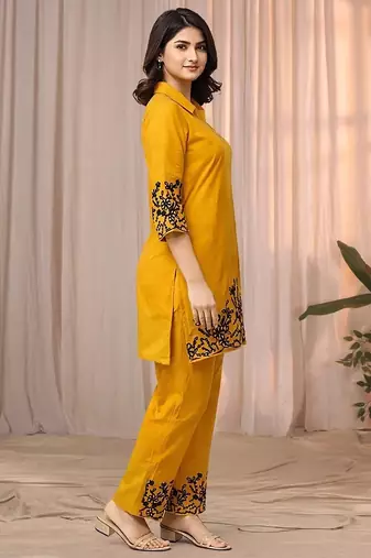 Mustard yellow color embroidered cotton slub cord set