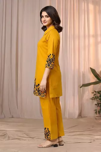 Mustard yellow color embroidered cotton slub cord set