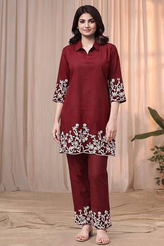 Maroon color embroidered cotton slub cord set