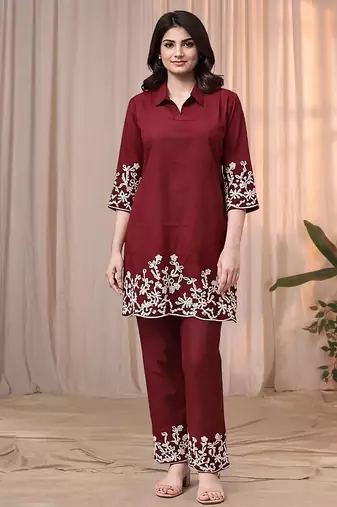 Maroon color embroidered cotton slub cord set