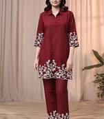 Maroon color embroidered cotton slub cord set