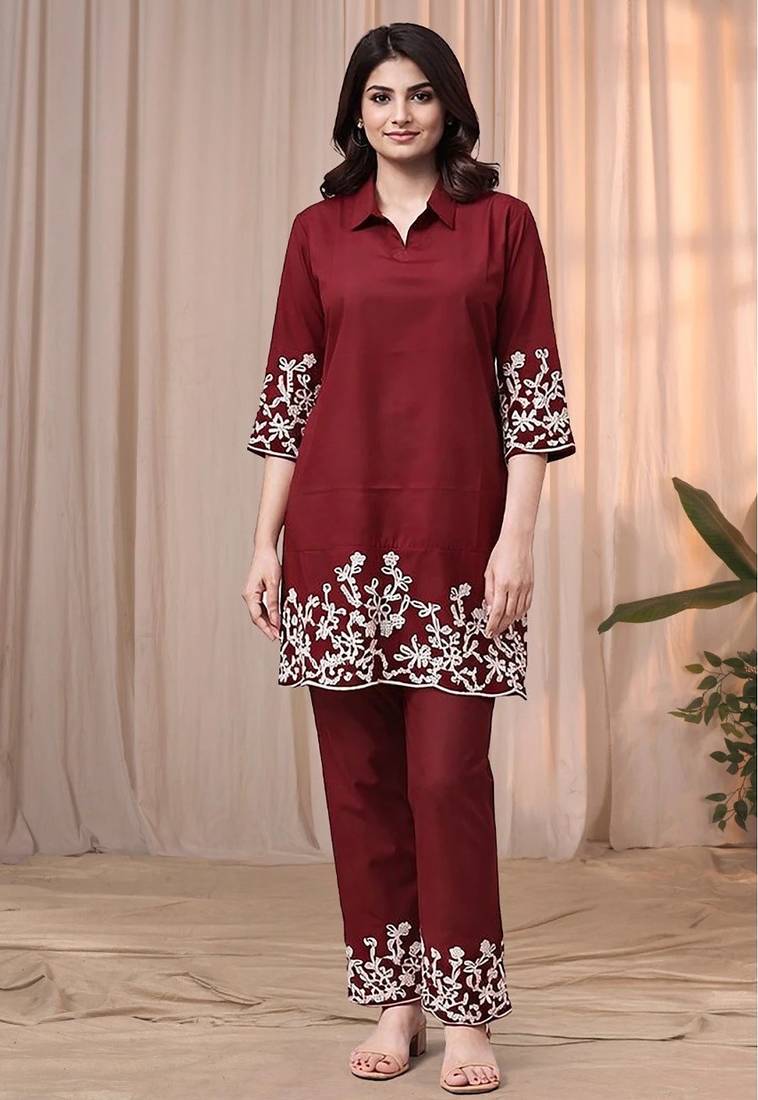 Maroon color embroidered cotton slub cord set