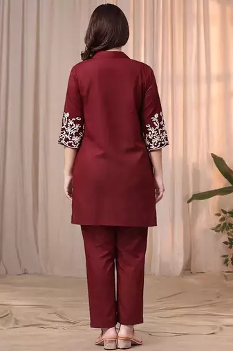 Maroon color embroidered cotton slub cord set