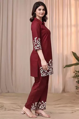 Maroon color embroidered cotton slub cord set