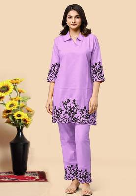 Levender color embroidered cotton slub cord set 1