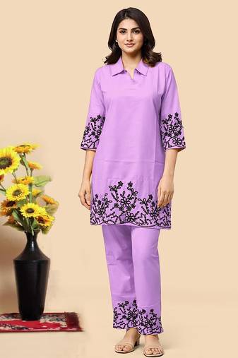 Levender color embroidered cotton slub cord set