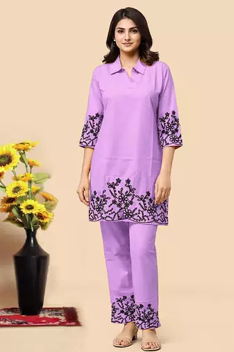 Levender color embroidered cotton slub cord set