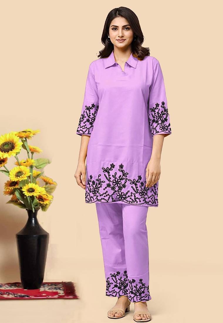 Levender color embroidered cotton slub cord set