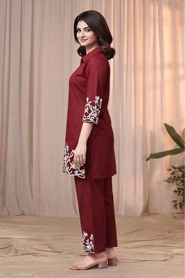Maroon color embroidered cotton slub cord set 4